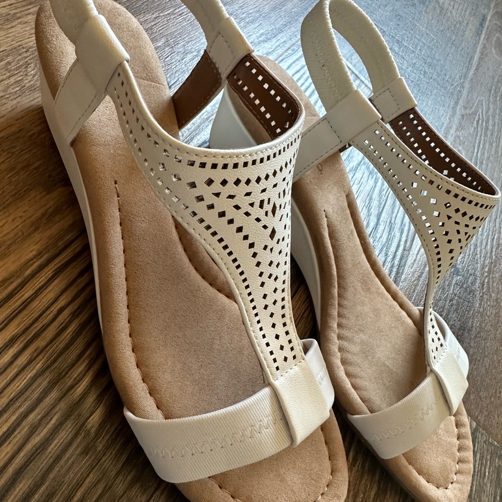 White T-Strap Sandals with Perforated Geometric Design